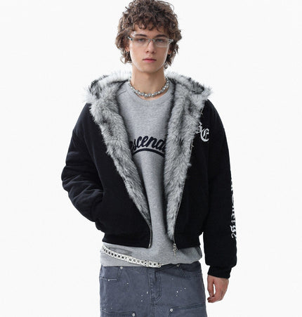 TALKLESSFASHION Jiayiku trendy brand 2025 winter new American mountain carved fur collar cotton jacket fleece sweatshirt jacket hooded cotton jacket