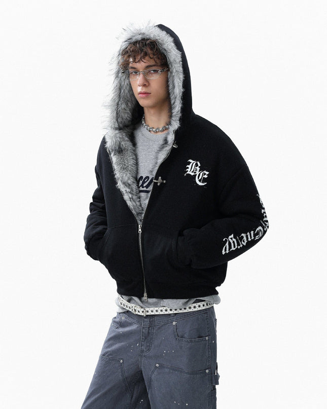 TALKLESSFASHION Jiayiku trendy brand 2025 winter new American mountain carved fur collar cotton jacket fleece sweatshirt jacket hooded cotton jacket