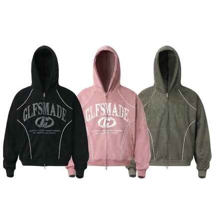 THETLSTUDIO JW302 American Trend Suede Suede Vintage Structure Printed Design Short and Wide Men's Hooded Cardigan Sweatshirt