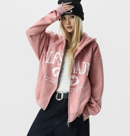 THETLSTUDIO JW302 American Trend Suede Suede Vintage Structure Printed Design Short and Wide Men's Hooded Cardigan Sweatshirt