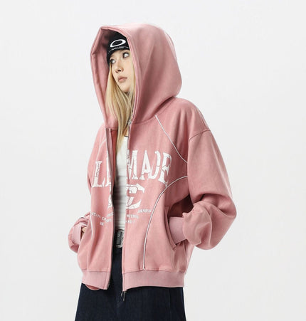 THETLSTUDIO JW302 American Trend Suede Suede Vintage Structure Printed Design Short and Wide Men's Hooded Cardigan Sweatshirt
