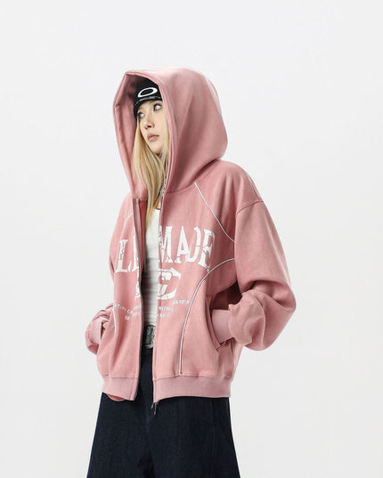 TALKLESSFASHION JW302 American Trend Suede Suede Vintage Structure Printed Design Short and Wide Men's Hooded Cardigan Sweatshirt