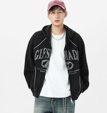THETLSTUDIO JW302 American Trend Suede Suede Vintage Structure Printed Design Short and Wide Men's Hooded Cardigan Sweatshirt