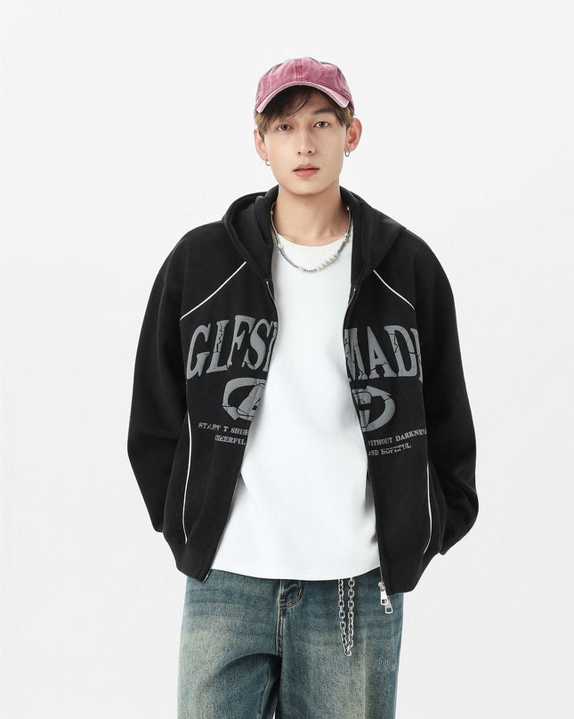 TALKLESSFASHION JW302 American Trend Suede Suede Vintage Structure Printed Design Short and Wide Men's Hooded Cardigan Sweatshirt