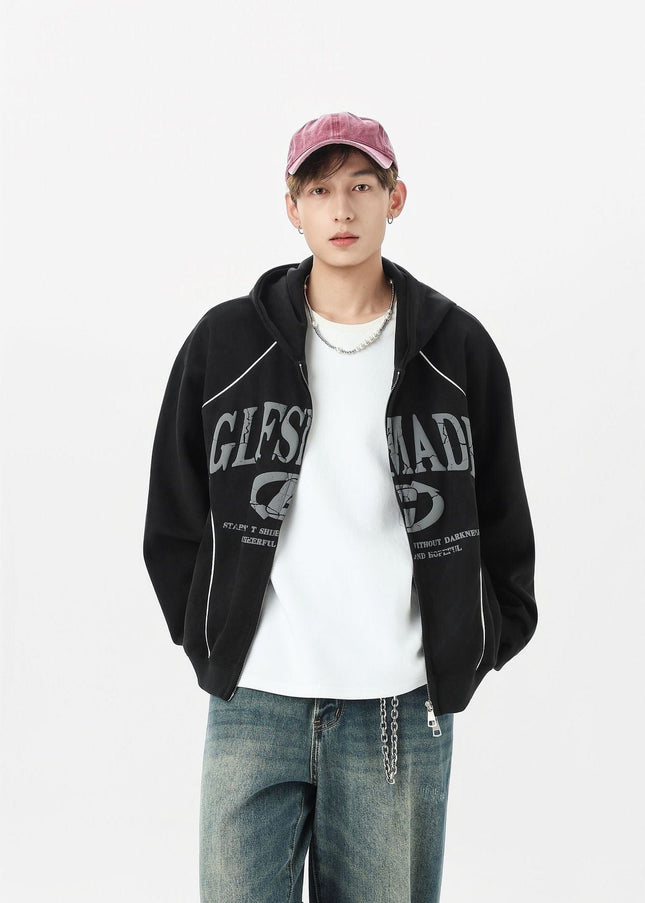 TALKLESSFASHION JW302 American Trend Suede Suede Vintage Structure Printed Design Short and Wide Men's Hooded Cardigan Sweatshirt