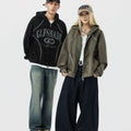 TALKLESSFASHION JW302 American Trend Suede Suede Vintage Structure Printed Design Short and Wide Men's Hooded Cardigan Sweatshirt