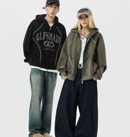 THETLSTUDIO JW302 American Trend Suede Suede Vintage Structure Printed Design Short and Wide Men's Hooded Cardigan Sweatshirt