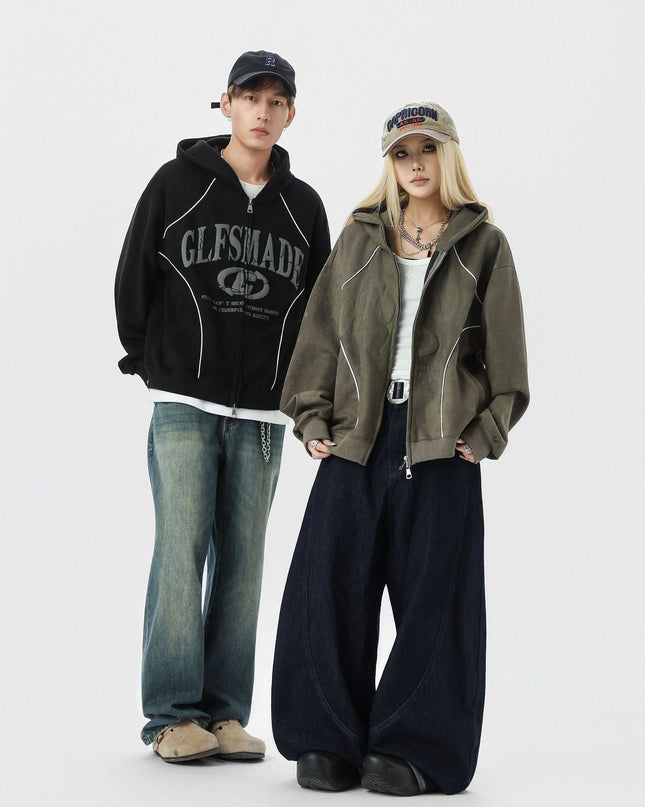 TALKLESSFASHION JW302 American Trend Suede Suede Vintage Structure Printed Design Short and Wide Men's Hooded Cardigan Sweatshirt