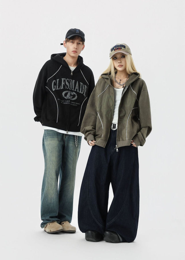 TALKLESSFASHION JW302 American Trend Suede Suede Vintage Structure Printed Design Short and Wide Men's Hooded Cardigan Sweatshirt