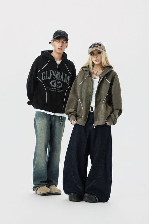THETLSTUDIO JW302 American Trend Suede Suede Vintage Structure Printed Design Short and Wide Men's Hooded Cardigan Sweatshirt