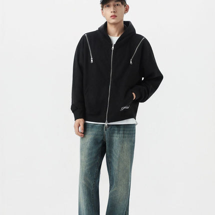 TALKLESSFASHION JW303 American Trend Suede Suede Vintage Structure Zipper Design Short and Wide Men's Hooded Cardigan Sweatshirt