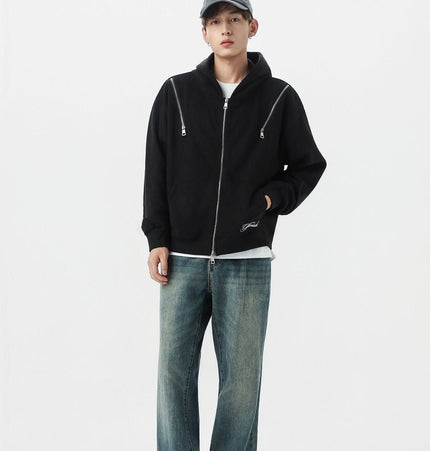 THETLSTUDIO JW303 American Trend Suede Suede Vintage Structure Zipper Design Short and Wide Men's Hooded Cardigan Sweatshirt