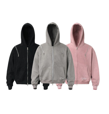 THETLSTUDIO JW303 American Trend Suede Suede Vintage Structure Zipper Design Short and Wide Men's Hooded Cardigan Sweatshirt