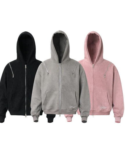 TALKLESSFASHION JW303 American Trend Suede Suede Vintage Structure Zipper Design Short and Wide Men's Hooded Cardigan Sweatshirt