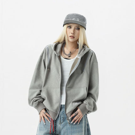 TALKLESSFASHION JW303 American Trend Suede Suede Vintage Structure Zipper Design Short and Wide Men's Hooded Cardigan Sweatshirt