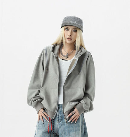 THETLSTUDIO JW303 American Trend Suede Suede Vintage Structure Zipper Design Short and Wide Men's Hooded Cardigan Sweatshirt