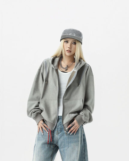 TALKLESSFASHION JW303 American Trend Suede Suede Vintage Structure Zipper Design Short and Wide Men's Hooded Cardigan Sweatshirt
