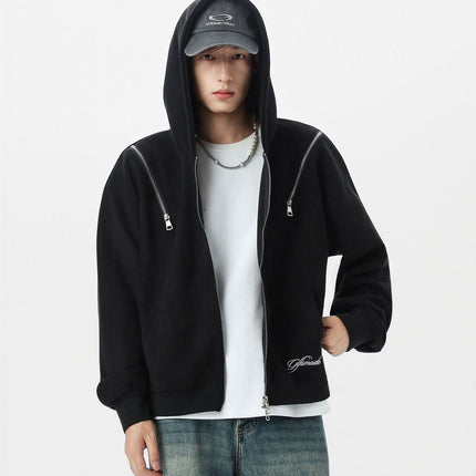 TALKLESSFASHION JW303 American Trend Suede Suede Vintage Structure Zipper Design Short and Wide Men's Hooded Cardigan Sweatshirt