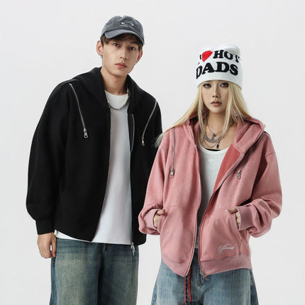 TALKLESSFASHION JW303 American Trend Suede Suede Vintage Structure Zipper Design Short and Wide Men's Hooded Cardigan Sweatshirt