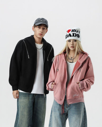 TALKLESSFASHION JW303 American Trend Suede Suede Vintage Structure Zipper Design Short and Wide Men's Hooded Cardigan Sweatshirt