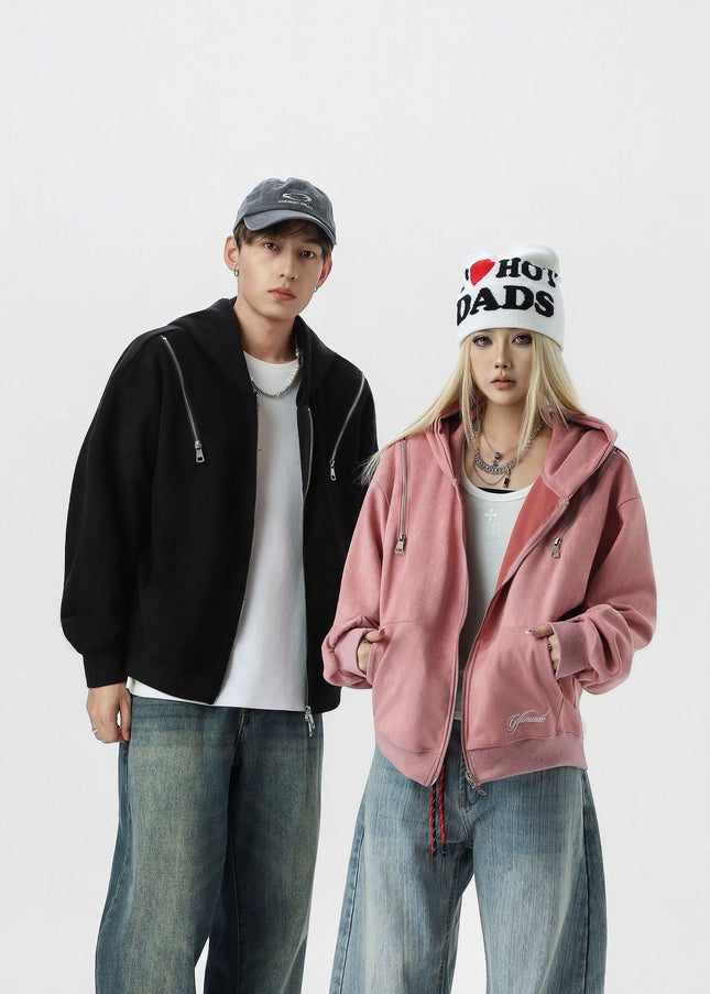TALKLESSFASHION JW303 American Trend Suede Suede Vintage Structure Zipper Design Short and Wide Men's Hooded Cardigan Sweatshirt