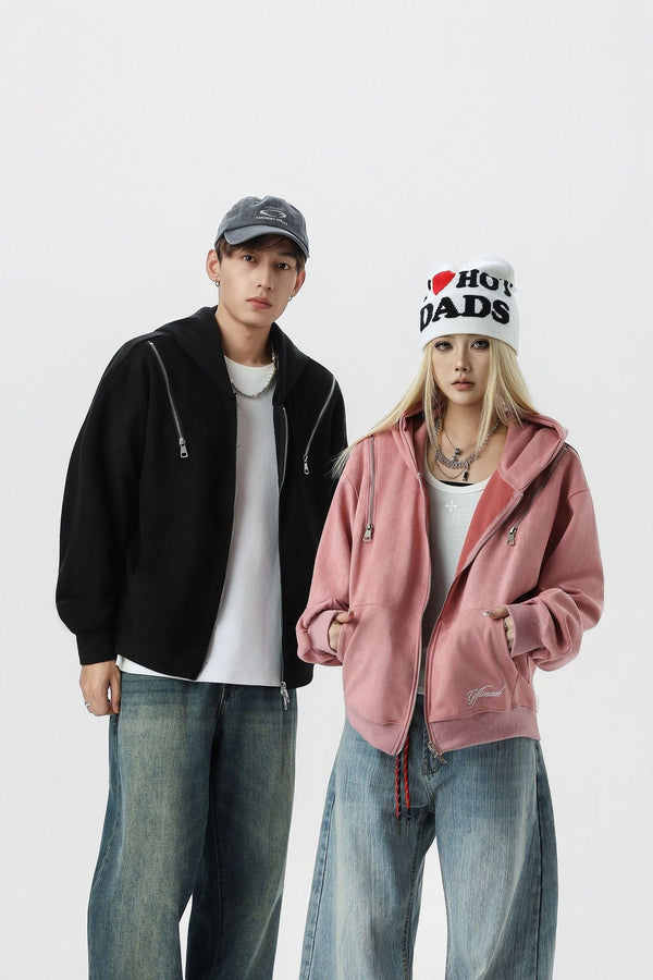 Suede Vintage Structure Zipper Hooded Cardigan