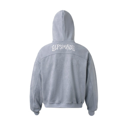 TALKLESSFASHION JW305 American Trend Suede Vintage Structure Embroidery Pattern Design Short and Wide Men's Hooded Cardigan Sweatshirt