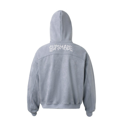 THETLSTUDIO JW305 American Trend Suede Vintage Structure Embroidery Pattern Design Short and Wide Men's Hooded Cardigan Sweatshirt