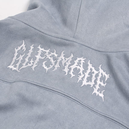 TALKLESSFASHION JW305 American Trend Suede Vintage Structure Embroidery Pattern Design Short and Wide Men's Hooded Cardigan Sweatshirt