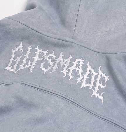 THETLSTUDIO JW305 American Trend Suede Vintage Structure Embroidery Pattern Design Short and Wide Men's Hooded Cardigan Sweatshirt