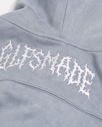 TALKLESSFASHION JW305 American Trend Suede Vintage Structure Embroidery Pattern Design Short and Wide Men's Hooded Cardigan Sweatshirt