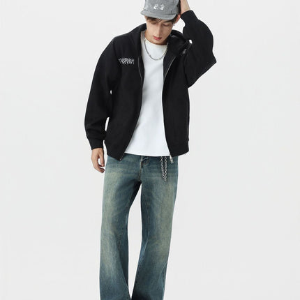 TALKLESSFASHION JW305 American Trend Suede Vintage Structure Embroidery Pattern Design Short and Wide Men's Hooded Cardigan Sweatshirt
