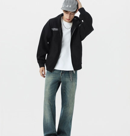 THETLSTUDIO JW305 American Trend Suede Vintage Structure Embroidery Pattern Design Short and Wide Men's Hooded Cardigan Sweatshirt