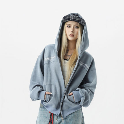 TALKLESSFASHION JW305 American Trend Suede Vintage Structure Embroidery Pattern Design Short and Wide Men's Hooded Cardigan Sweatshirt