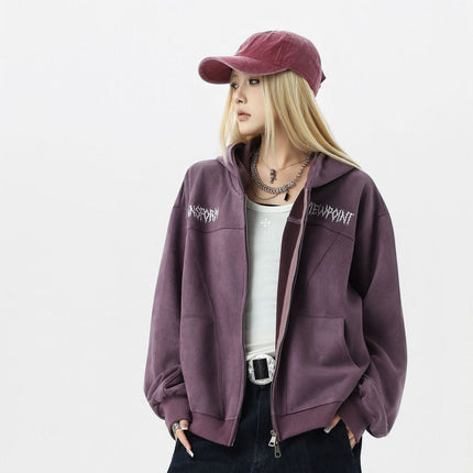 TALKLESSFASHION JW305 American Trend Suede Vintage Structure Embroidery Pattern Design Short and Wide Men's Hooded Cardigan Sweatshirt