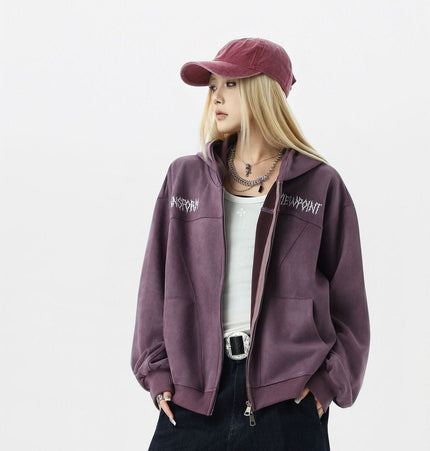THETLSTUDIO JW305 American Trend Suede Vintage Structure Embroidery Pattern Design Short and Wide Men's Hooded Cardigan Sweatshirt
