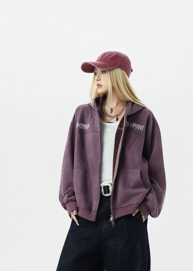 TALKLESSFASHION JW305 American Trend Suede Vintage Structure Embroidery Pattern Design Short and Wide Men's Hooded Cardigan Sweatshirt