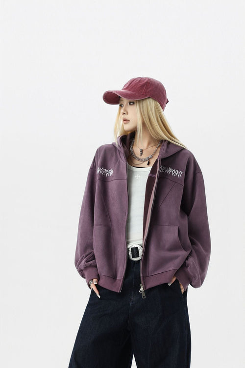 THETLSTUDIO JW305 American Trend Suede Vintage Structure Embroidery Pattern Design Short and Wide Men's Hooded Cardigan Sweatshirt