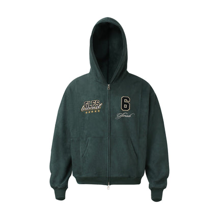 TALKLESSFASHION JW308 American Trend Suede Vintage Structure Embroidery Drawing Design Short and Wide Men's Hooded Cardigan Sweatshirt