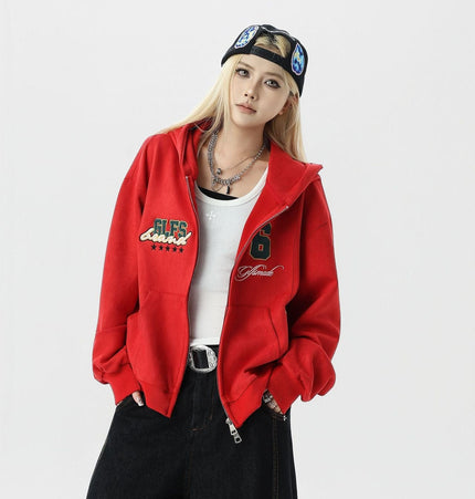 THETLSTUDIO JW308 American Trend Suede Vintage Structure Embroidery Drawing Design Short and Wide Men's Hooded Cardigan Sweatshirt