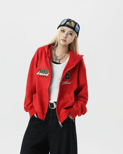 TALKLESSFASHION JW308 American Trend Suede Vintage Structure Embroidery Drawing Design Short and Wide Men's Hooded Cardigan Sweatshirt