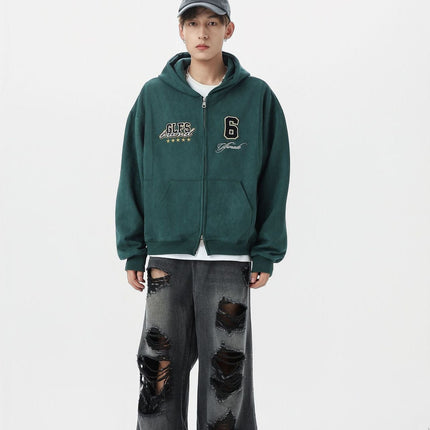 TALKLESSFASHION JW308 American Trend Suede Vintage Structure Embroidery Drawing Design Short and Wide Men's Hooded Cardigan Sweatshirt