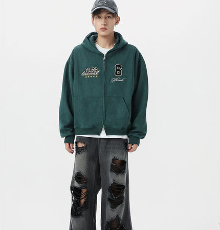 THETLSTUDIO JW308 American Trend Suede Vintage Structure Embroidery Drawing Design Short and Wide Men's Hooded Cardigan Sweatshirt