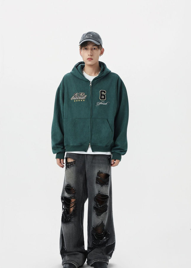 TALKLESSFASHION JW308 American Trend Suede Vintage Structure Embroidery Drawing Design Short and Wide Men's Hooded Cardigan Sweatshirt