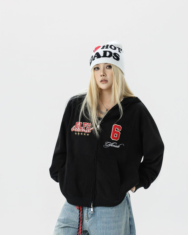 TALKLESSFASHION JW308 American Trend Suede Vintage Structure Embroidery Drawing Design Short and Wide Men's Hooded Cardigan Sweatshirt