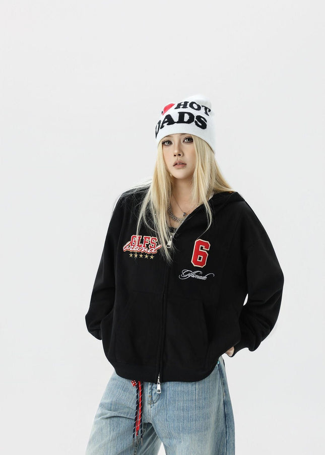 TALKLESSFASHION JW308 American Trend Suede Vintage Structure Embroidery Drawing Design Short and Wide Men's Hooded Cardigan Sweatshirt