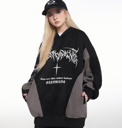 TALKLESSFASHION JW523 American Retro Men's and Women's Premium Street Stitching Design Men's Loose Suede Thickened Sweatshirt