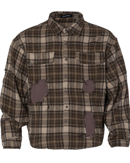 TALKLESSFASHION Khaki / L Plaid Trendy Hole & Patch shirt—2115