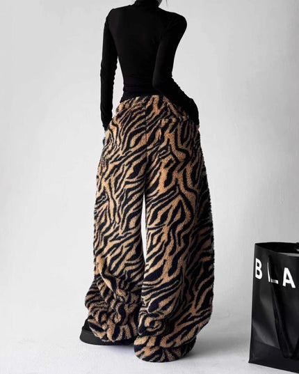 TALKLESSFASHION Korean retro lazy leopard print warmth can be worn inside and outside, wide-leg sweatpants, women's winter casual jazz dance scimitar pants