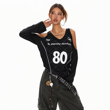 TALKLESSFASHION L / black XPKAEAX Sweet Cool Spice Girls Digital Print Long Sleeve T-Shirt Women's Fall American High Street Sporty Off-the-Shoulder Top